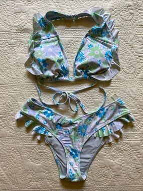 aerie Blue Green White Floral Ruffle Halter Bikini Set